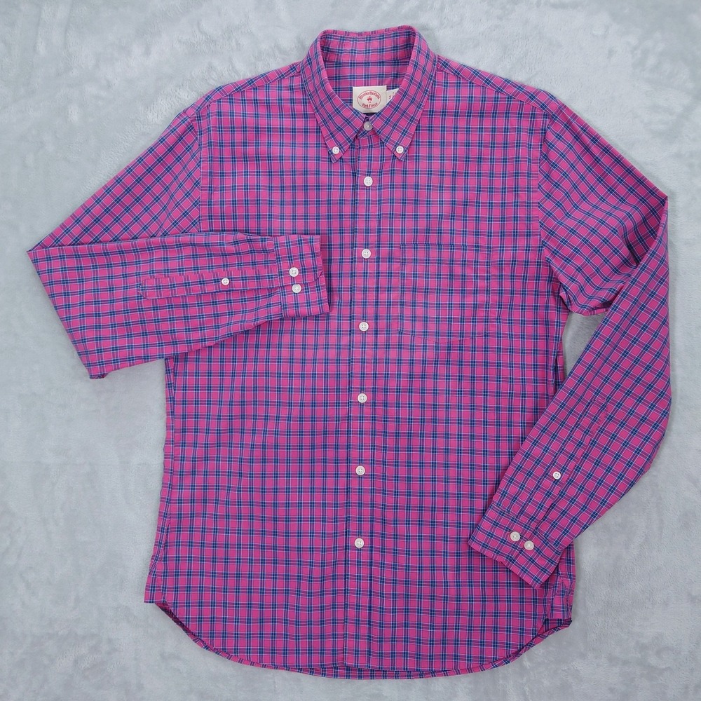 Brooks Brothers Red Fleece Mens M Button Down Pink Plaid Poplin Shirt 10000482